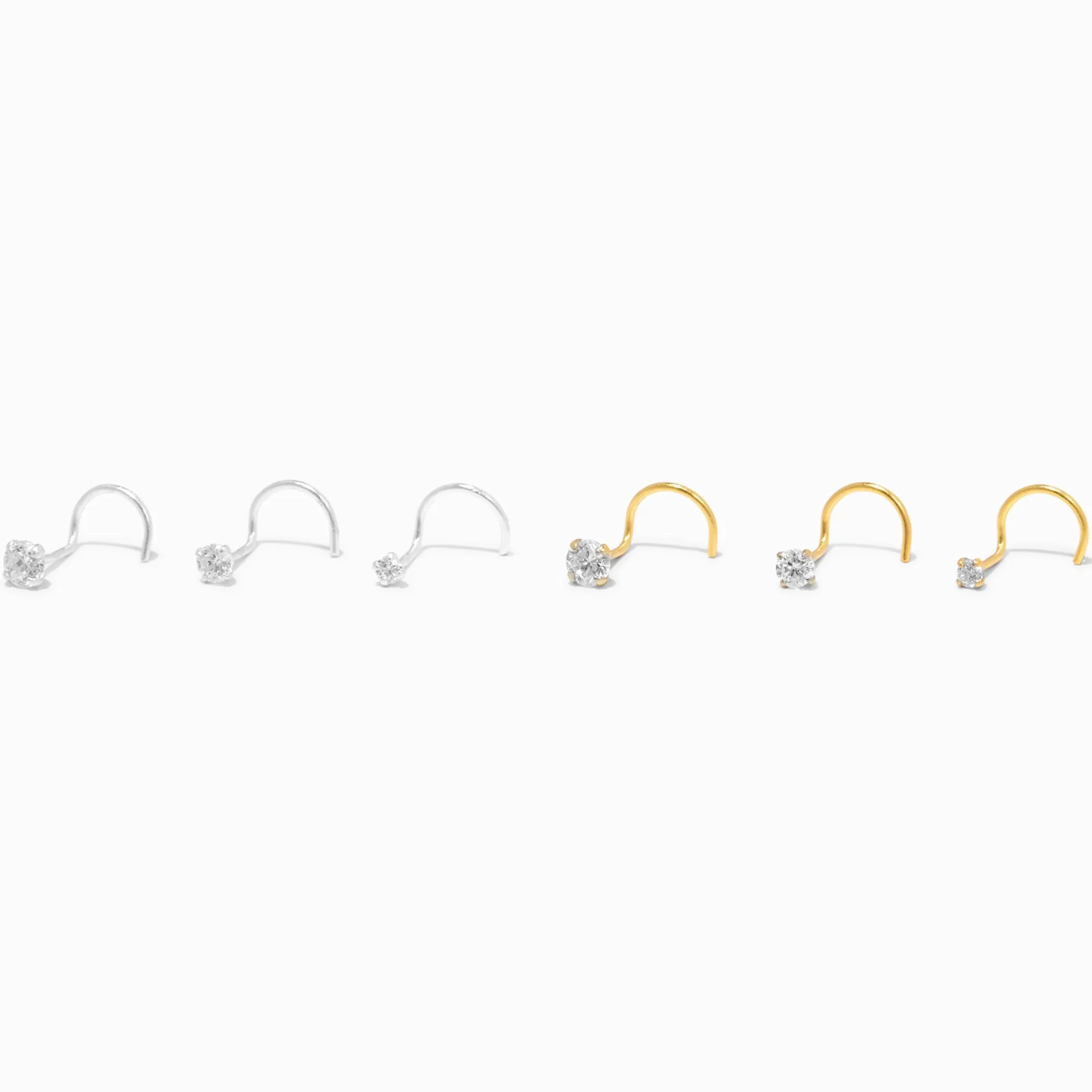 Claire's Clous D'oreilles|Bijoux Premium-Clous pour piercing de nez en zircon cubique d'imitation de différentes tailles 0,6 mm couleur argentée - Lot de 6