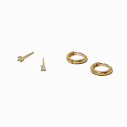 Claire's Anneaux|Clous D'oreilles-C LUXE by Claire's 18kt Gold Plated Cubic Zirconia 2mm Stud & 8mm Hoop Earrings - 2 Pack