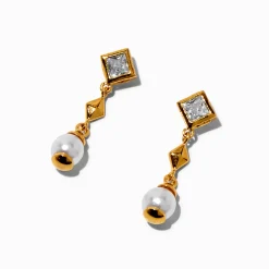 Claire's Pendantes|Bijoux Premium-C LUXE by Claire's 18kt Gold Plated Cubic Zirconia Square & Pearl Micro Drop Earrings