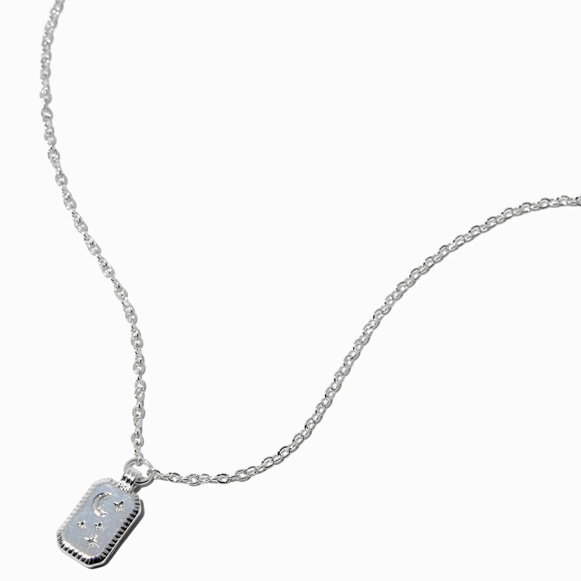 Claire's Colliers-Collier avec mini pendentif carré lune et étoiles gravées couleur argentée