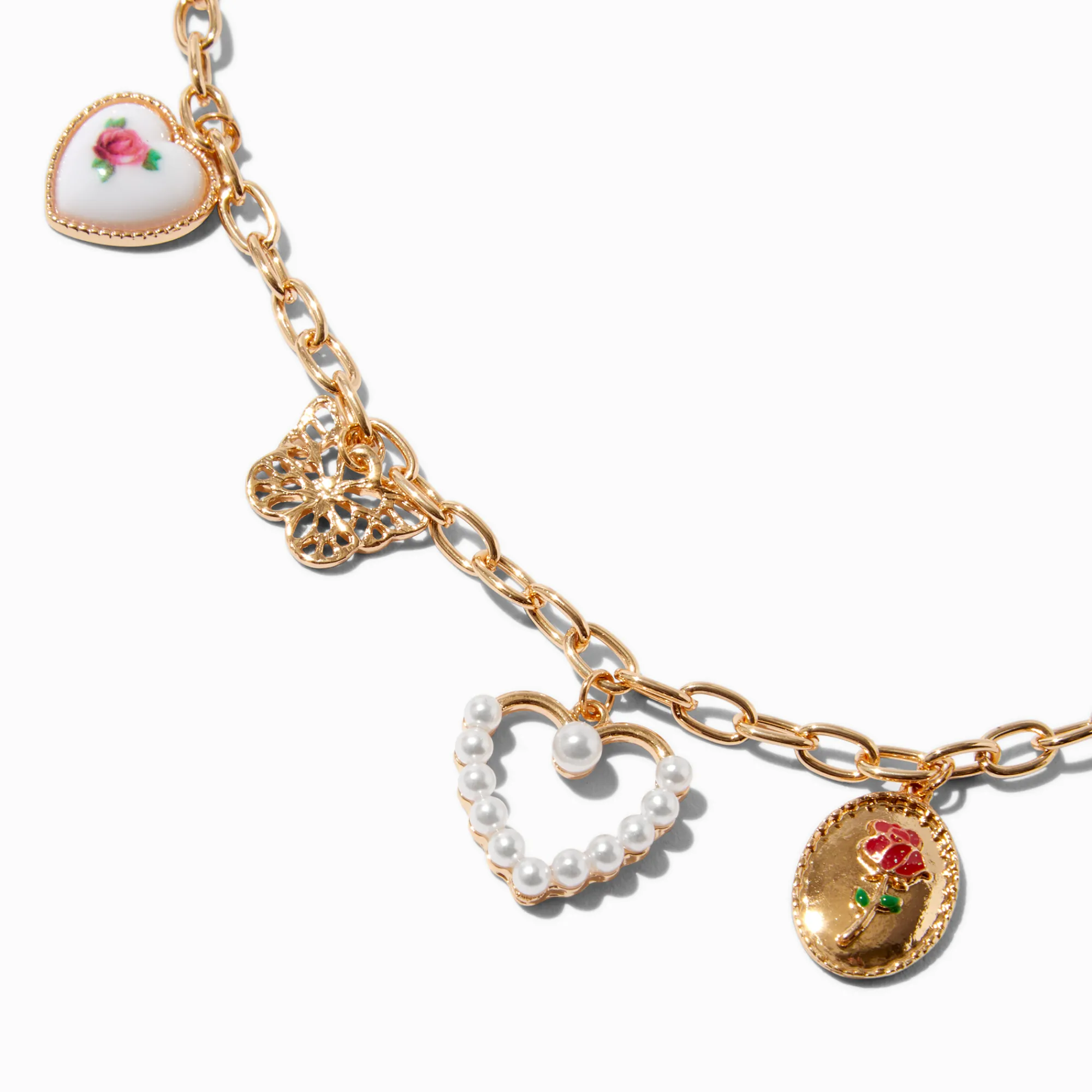 Claire's Colliers-Collier à breloques fleurs, papillon et cœur couleur dorée
