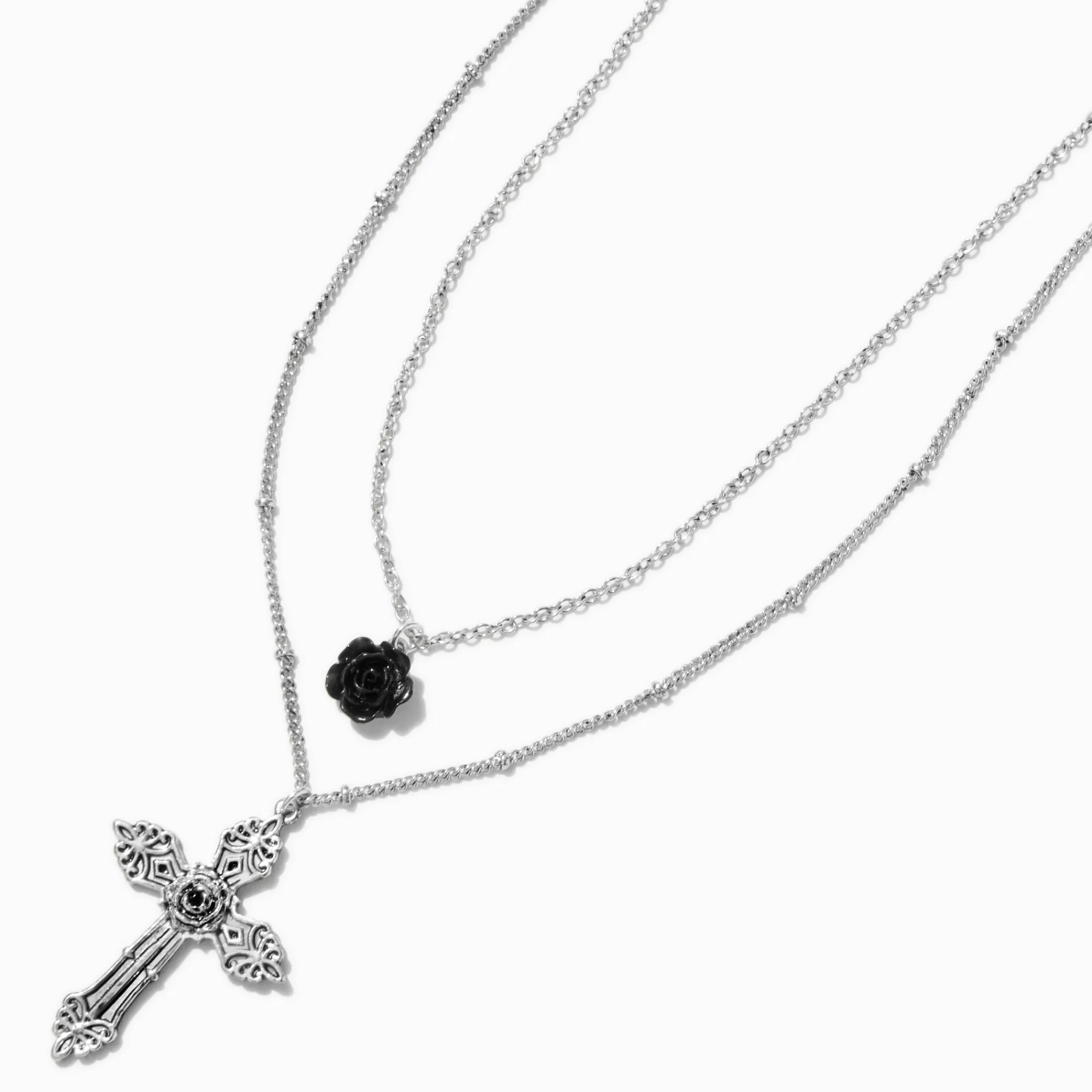 Claire's Colliers-Collier multi-rangs croix et rose sculptée couleur argentée