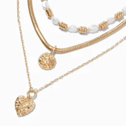 Claire's Colliers-Collier multi-rangs pendentif texturé perle d'imitation couleur dorée