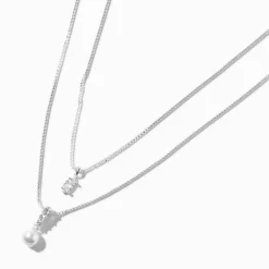 Claire's Colliers-Collier multi-rangs perle d'imitation et zircon cubique double couleur argentée