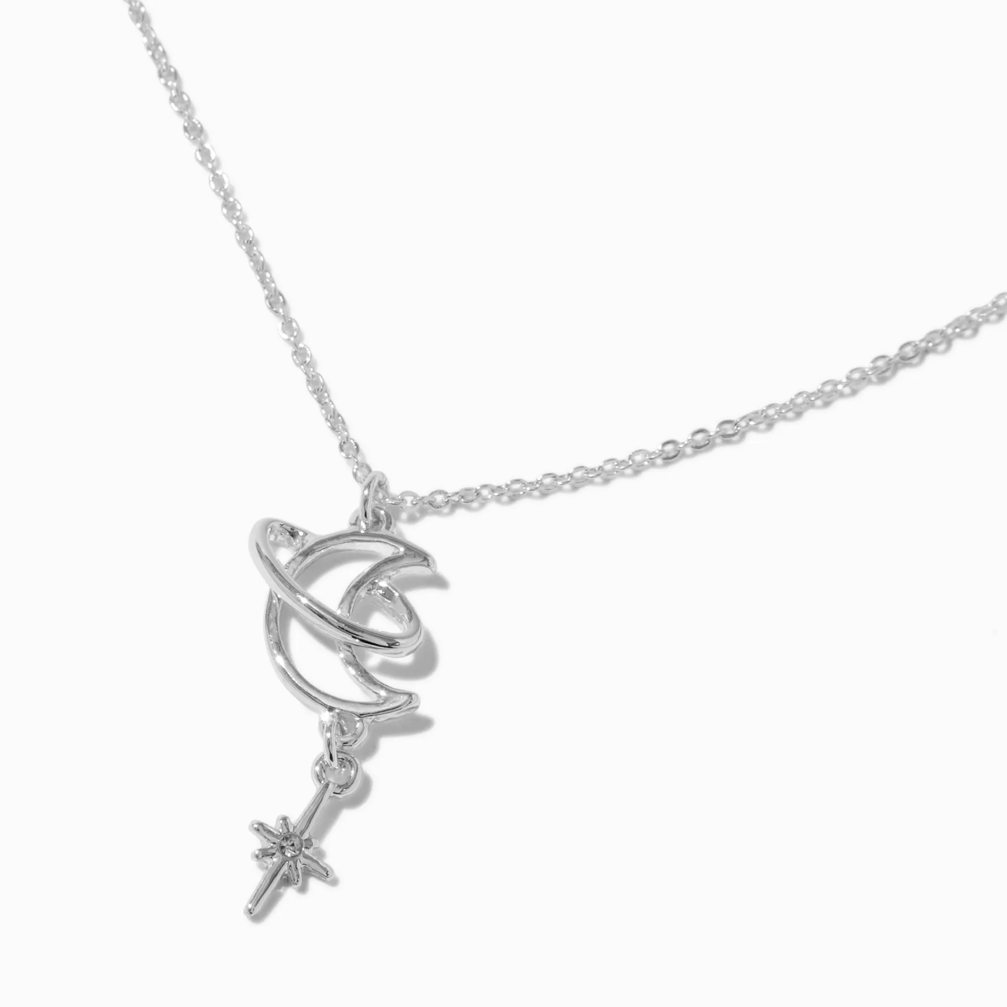 Claire's Colliers-Collier à pendentif lune saturne couleur argentée