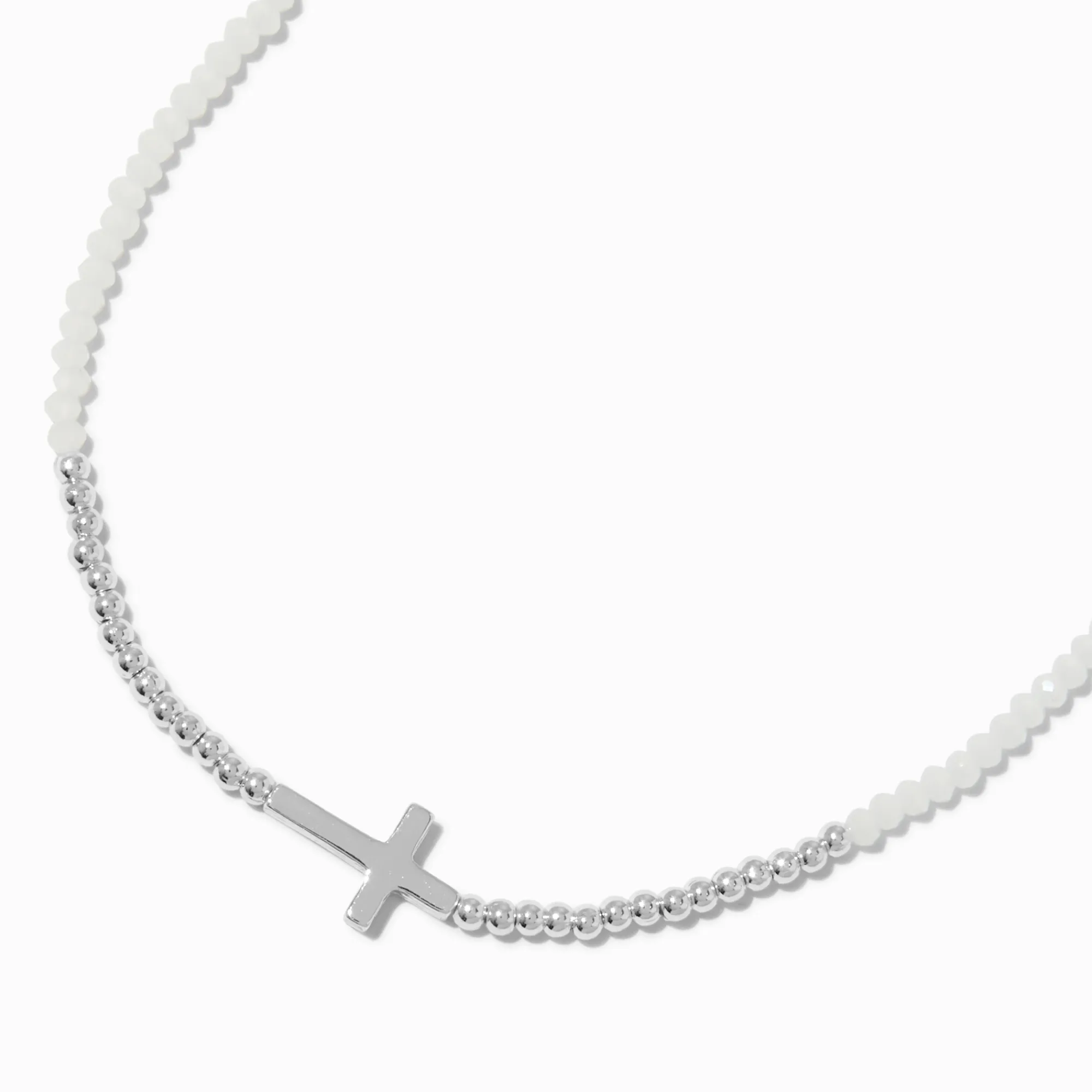 Claire's Colliers-Collier à pendentif perles de rocaille croix couleur argentée