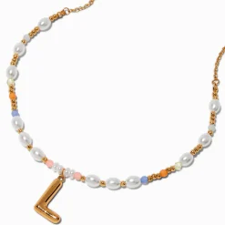Claire's Colliers-Collier à pendentif perlé pastel à initiale bulle couleur dorée - L