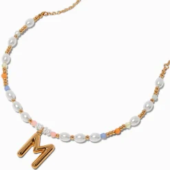 Claire's Colliers-Collier à pendentif perlé pastel à initiale bulle couleur dorée - M