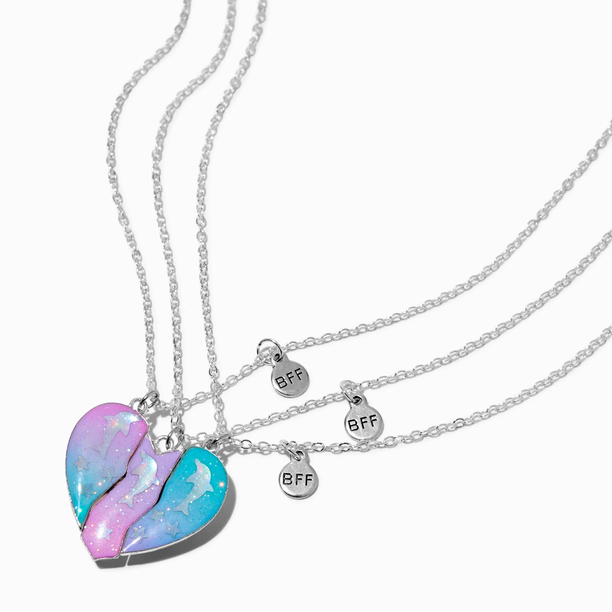 Claire's Colliers-Colliers à pendentif cœur dégradé dauphin Best Friends - Lot de 3