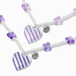 Claire's Colliers-Colliers à pendentif perlés perle d'imitation papillon et cœur violet best friends - Lot de 2