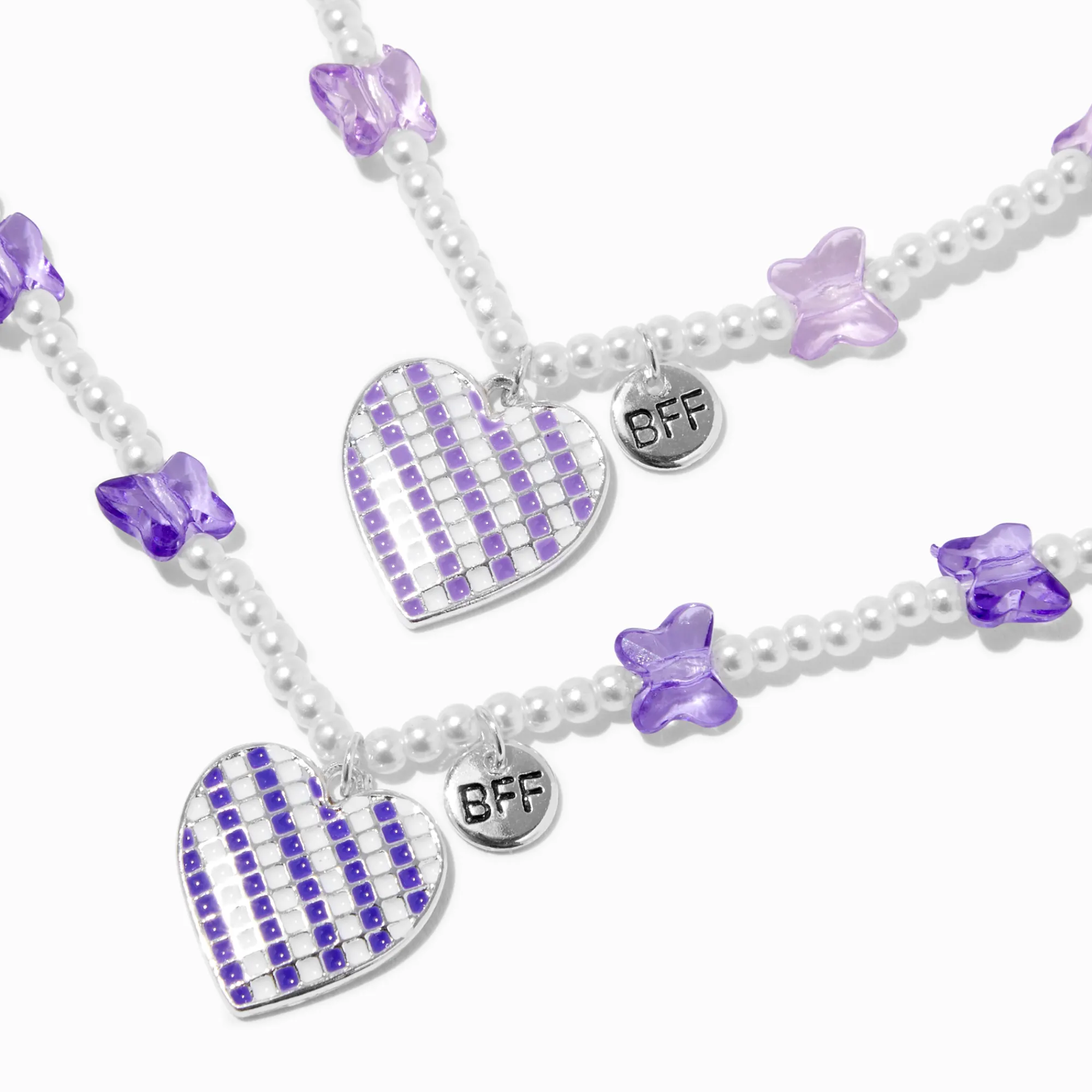 Claire's Colliers-Colliers à pendentif perlés perle d'imitation papillon et cœur violet best friends - Lot de 2
