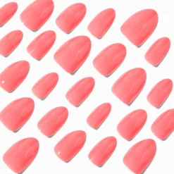 Claire's Ongles-Coral Pink Glossy Short Almond Vegan Faux Nail Set - 24 Pack