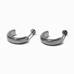 Claire's Anneaux|Bijoux Premium-Créoles à arrière plat en titane couleur argentée C LUXE by Claire’s
