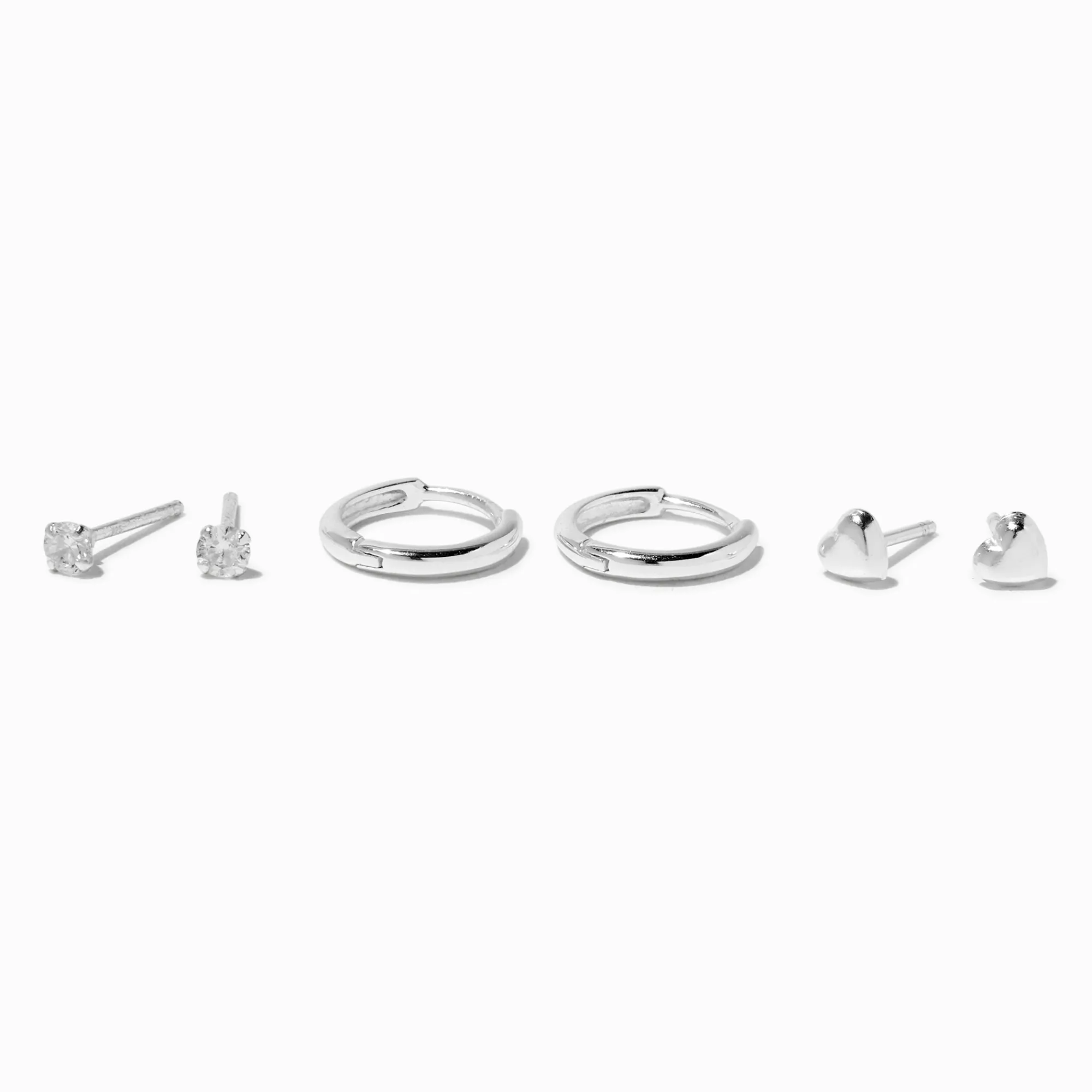 Claire's Bijoux Premium-Créoles à charnière 8 mm et cœurs, clou rond 2 mm en zircon cubique couleur argentée C LUXE by Claire’s - Lot de 3