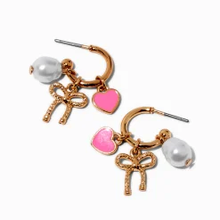 Claire's Anneaux-Créoles couleur dorée breloques perles d’imitation, nœud et cœur roses