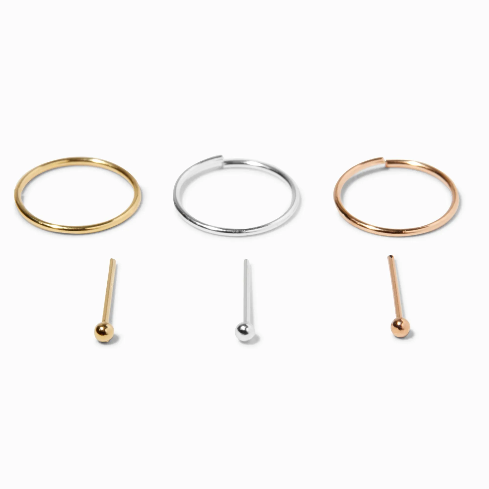Claire's Bijoux Premium|Bijoux De Piercing-Créoles et clous de nez 0,6 mm en métaux mixtes couleur argentée - Lot de 6