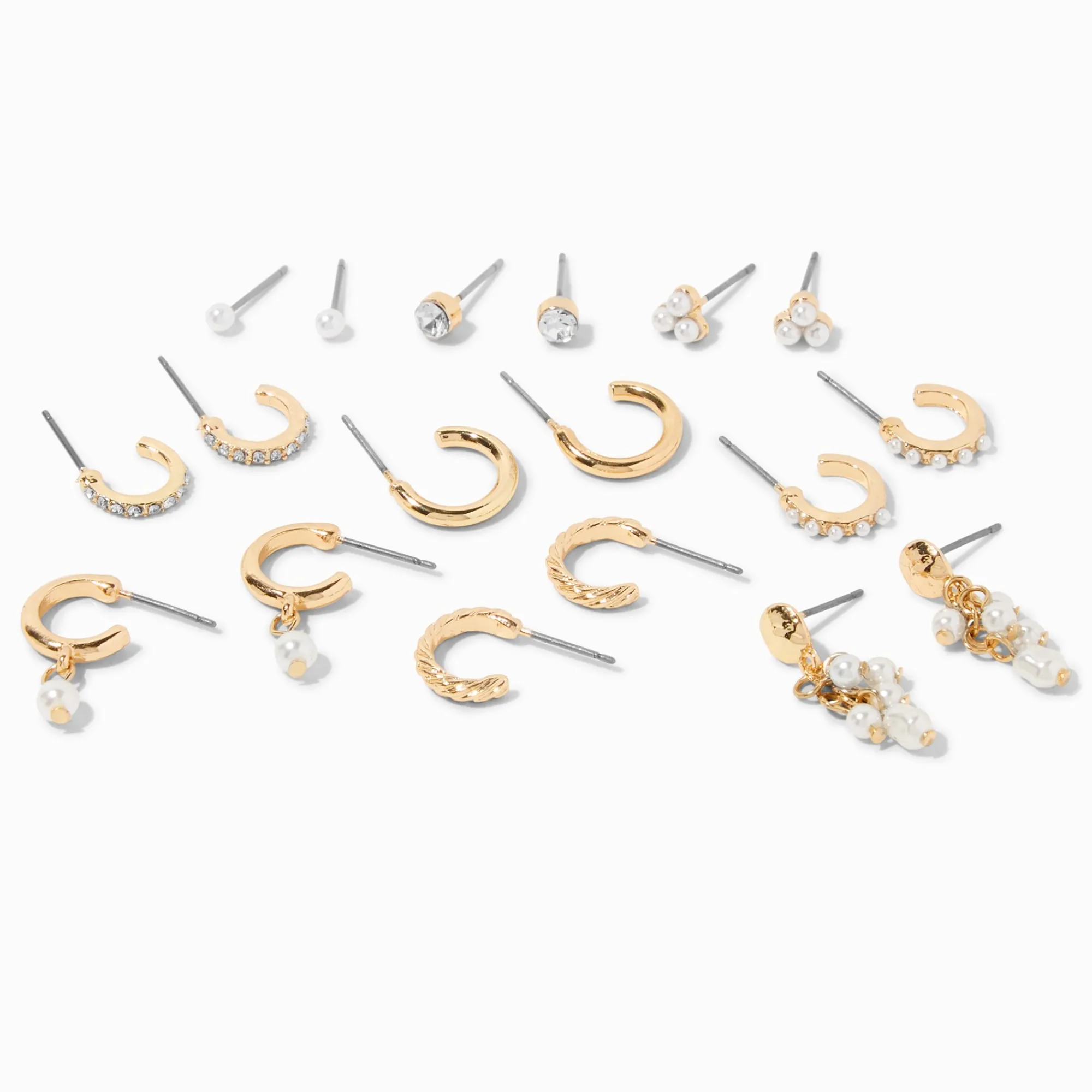 Claire's Anneaux|Clous D'oreilles-Créoles et clous d’oreilles variés couleur dorée et perles d’imitation - Lot de 9