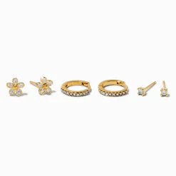 Claire's Clous D'oreilles|Bijoux Premium-Créoles et clous d'oreilles en zircon cubique couleur doré jaune C LUXE by Claire’s - Lot de 3