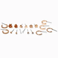 Claire's Anneaux|Clous D'oreilles-Créoles et clous en forme de cœur et de rose superposables couleur dorée - Lot de 9