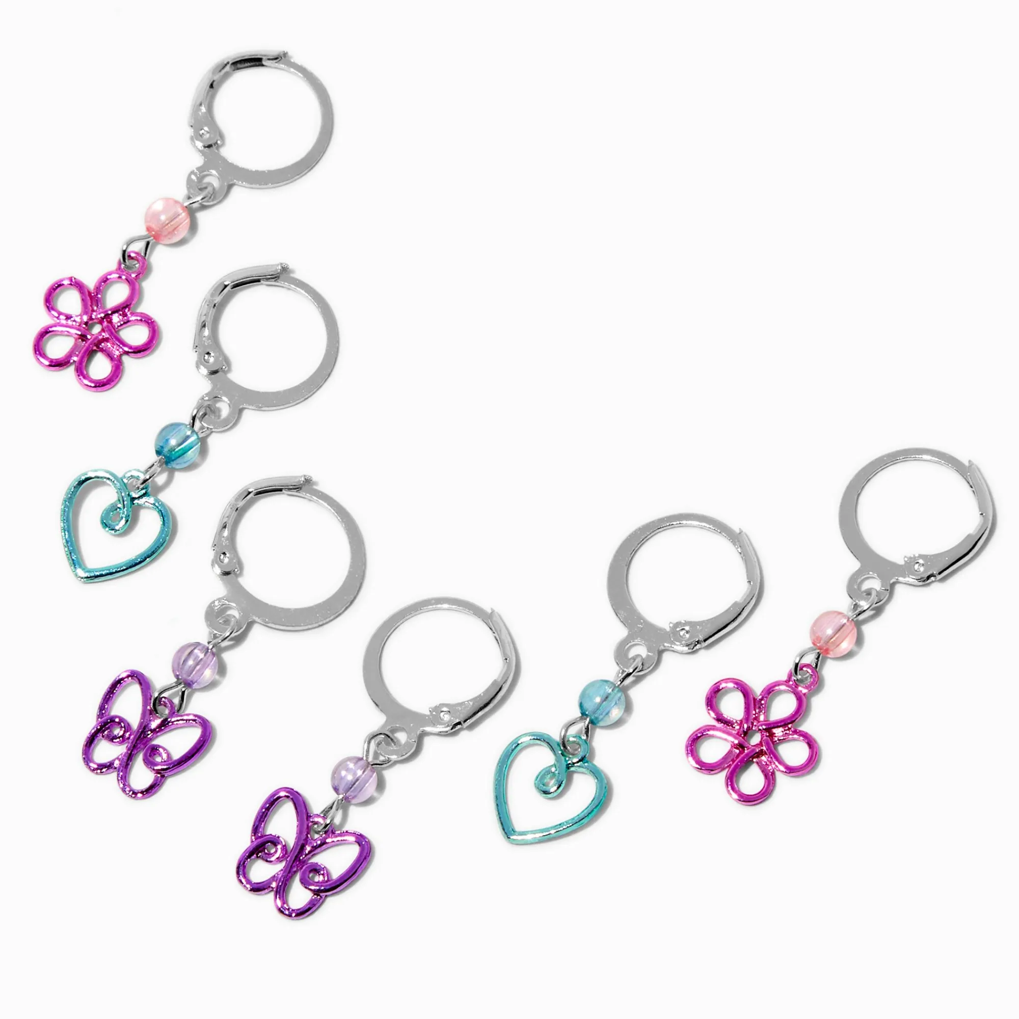 Claire's Anneaux-Créoles marguerite, cœur, papillon en fil métallique - Lot de 3