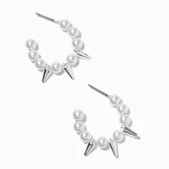 Claire's Anneaux-Créoles 10 mm perle d'imitation et pointe couleur argentée
