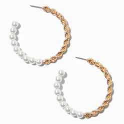 Claire's Anneaux-Créoles 50 mm perles d'imitation torsadées couleur dorée