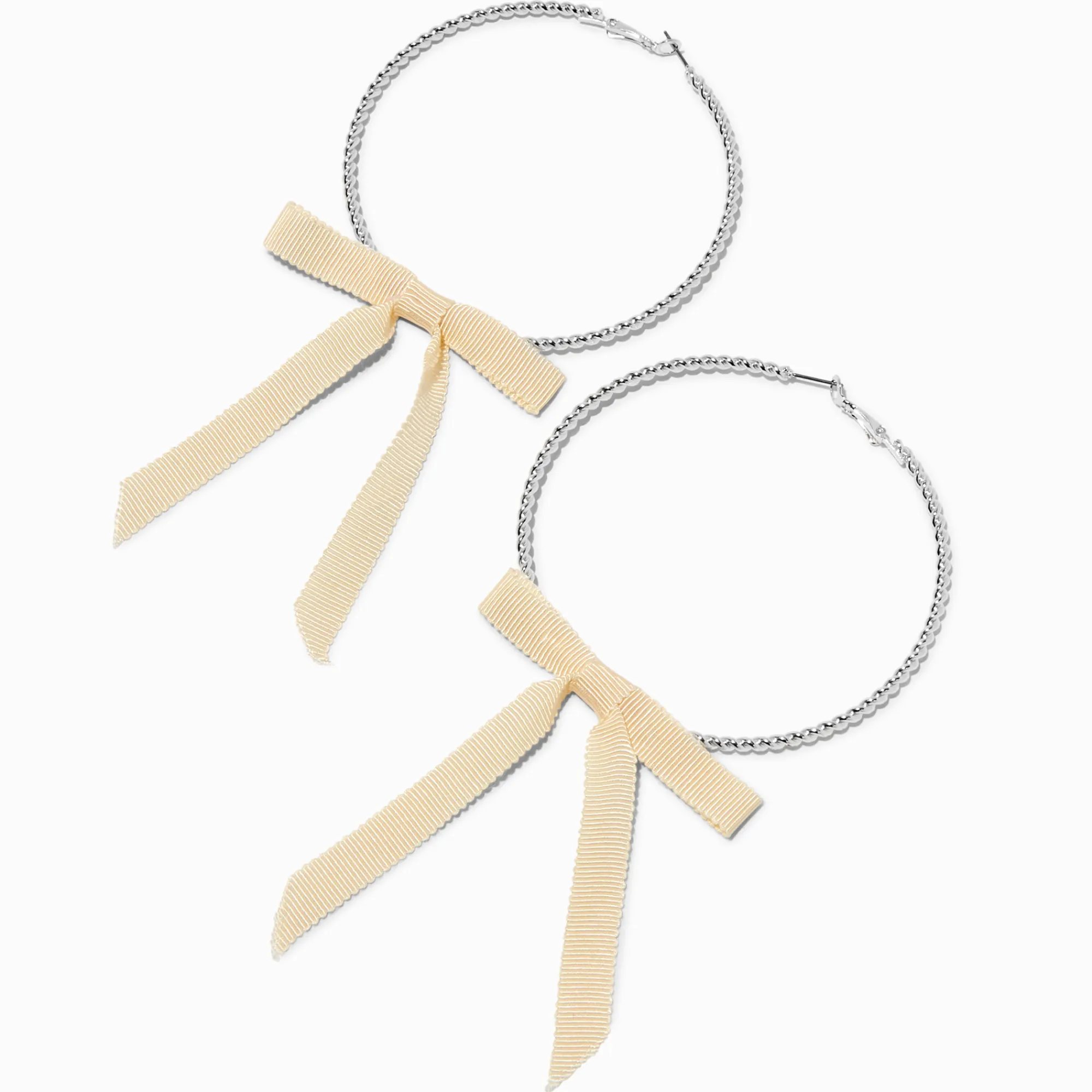 Claire's Anneaux-Créoles nœud ruban ivoire torsadées 80 mm couleur argentée