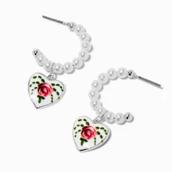 Claire's Anneaux-Créoles perle d'imitation cœur rose style antique