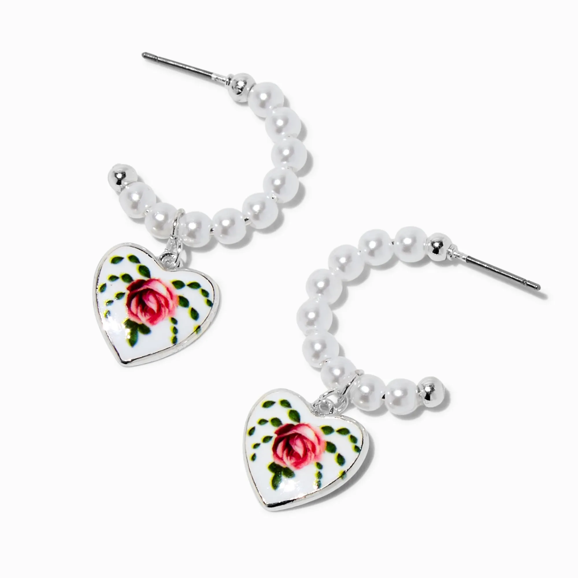 Claire's Anneaux-Créoles perle d'imitation cœur rose style antique