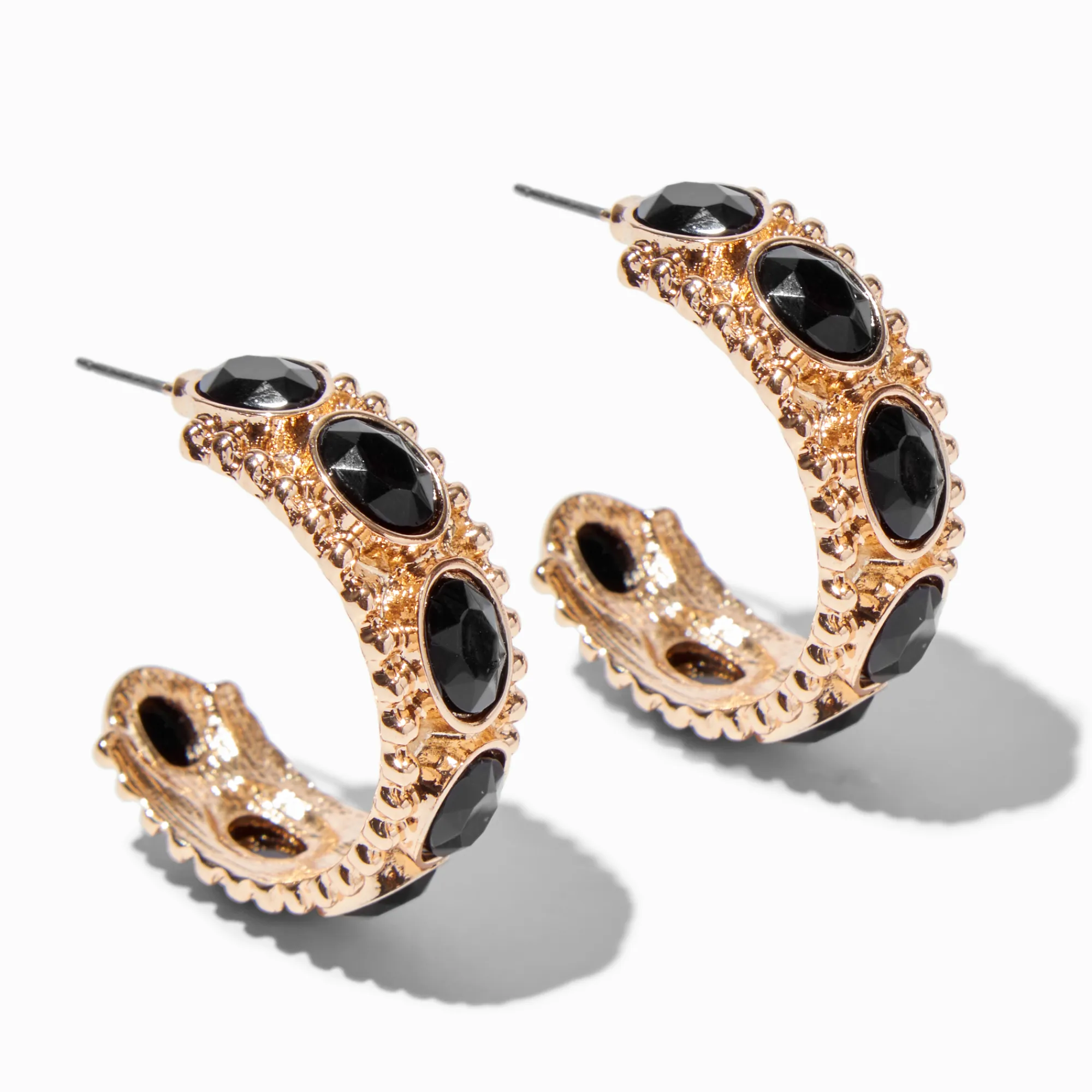 Claire's Anneaux-Créoles strass noires ovales épaisses 30 mm couleur dorée