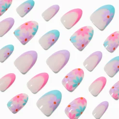 Claire's Ongles-Ensemble de faux ongles vegan en amande French manucure avec motifs marguerites multiples - Lot de 24