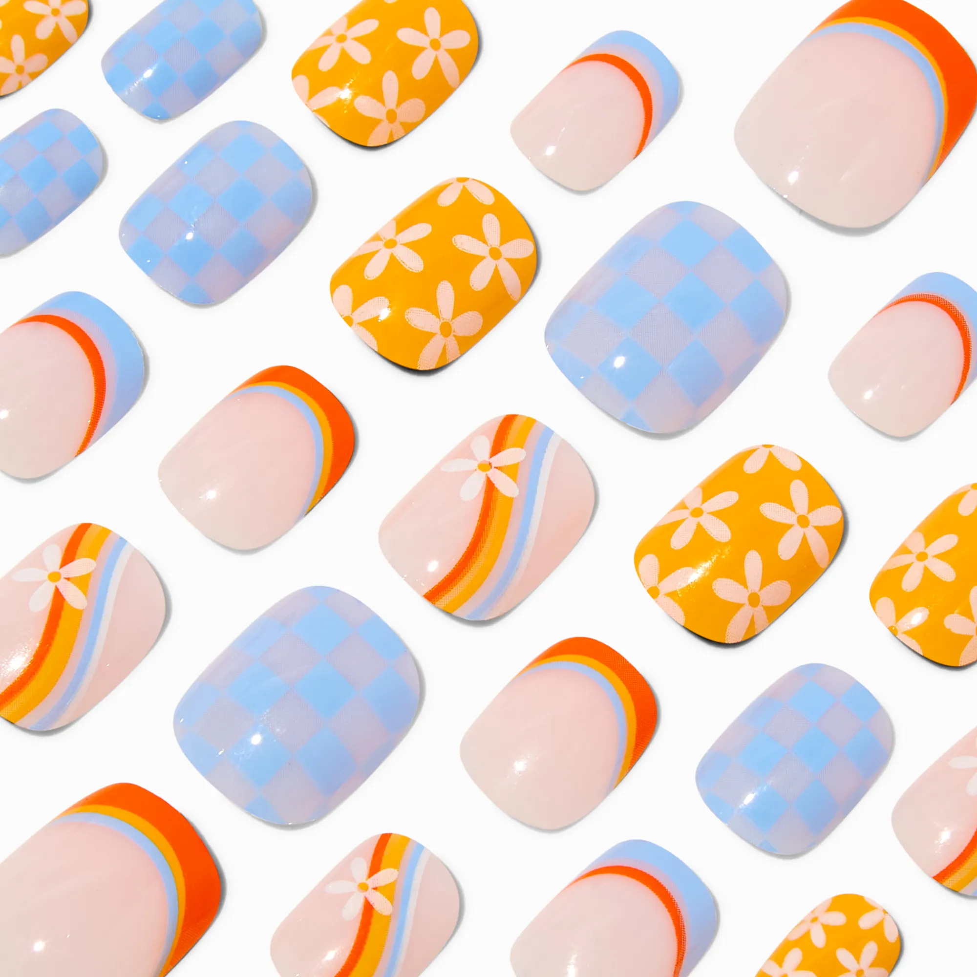 Claire's Ongles-Ensemble de faux ongles vegan squoval à carreaux et marguerites multiples - Lot de 24