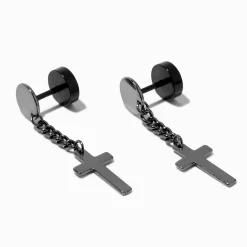 Claire's Clous D'oreilles|Bijoux De Piercing-Faux écarteurs d'oreilles noirs avec croix pendantes
