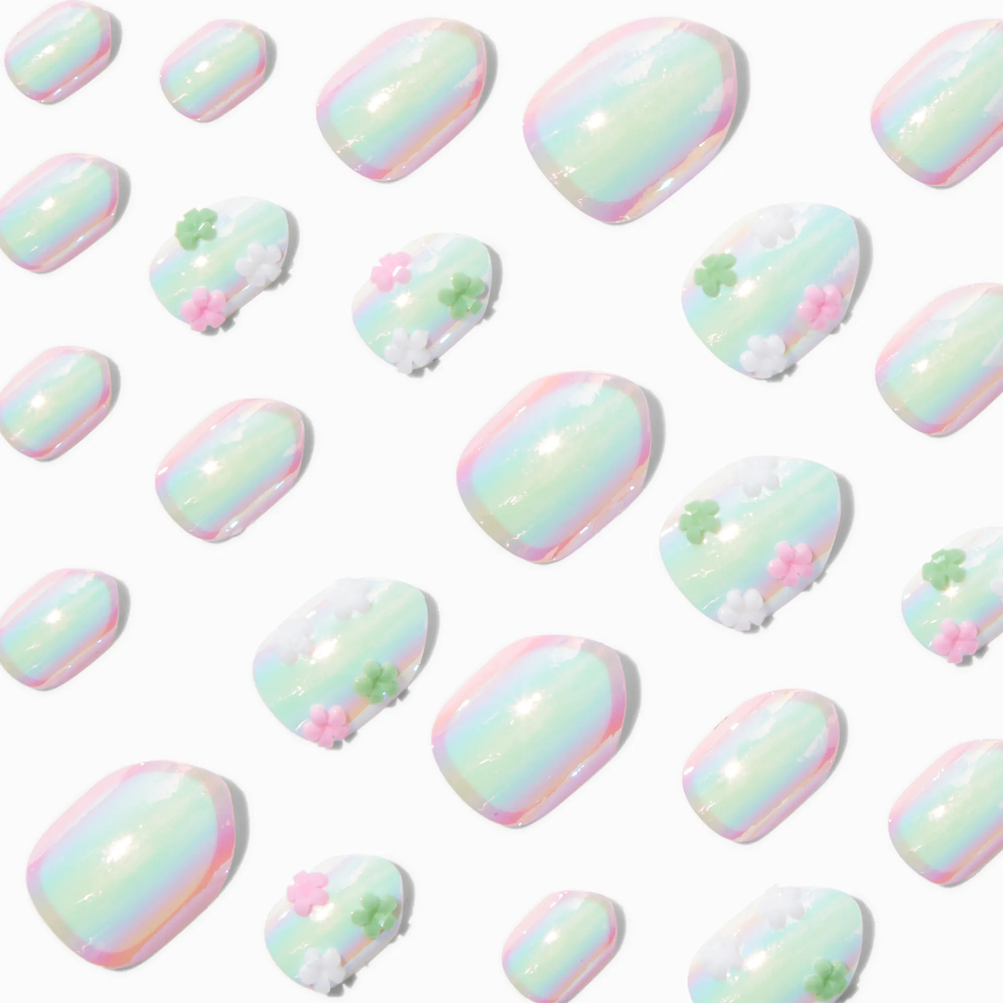 Claire's Ongles-Faux ongles autocollants stiletto iridescents breloque marguerite en 3D - Lot de 24