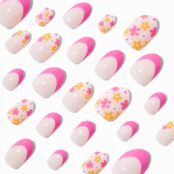 Claire's Ongles-Faux ongles autocollants stiletto marguerite French manucure roses - Lot de 24