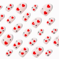 Claire's Ongles-Faux ongles autocollants stiletto Saint-Valentin strass et cœur rouge - Lot de 24