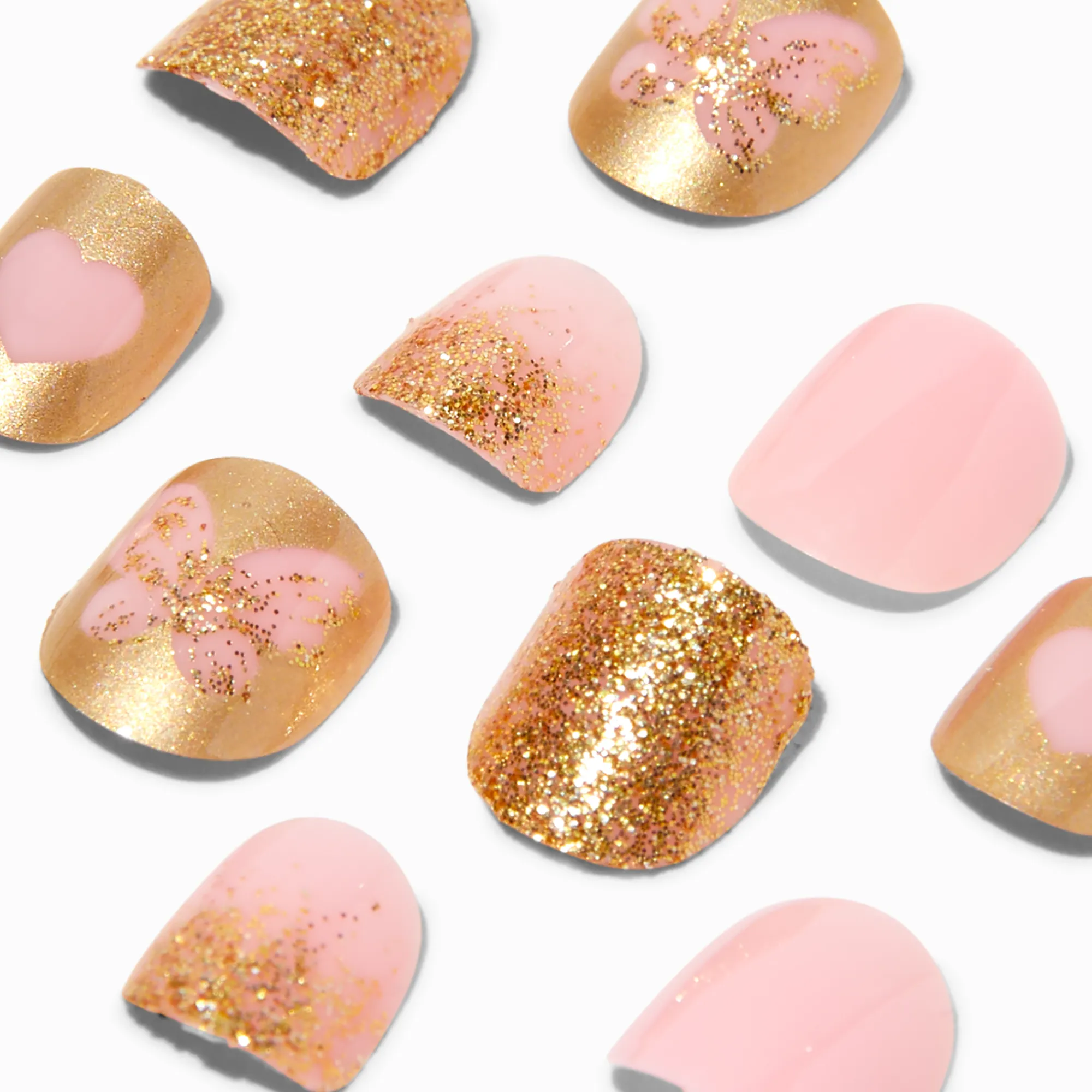 Claire's Ongles-Faux ongles vegan autocollants carrés papillon à paillettes couleur dorée Claire's Club - Lot de 24