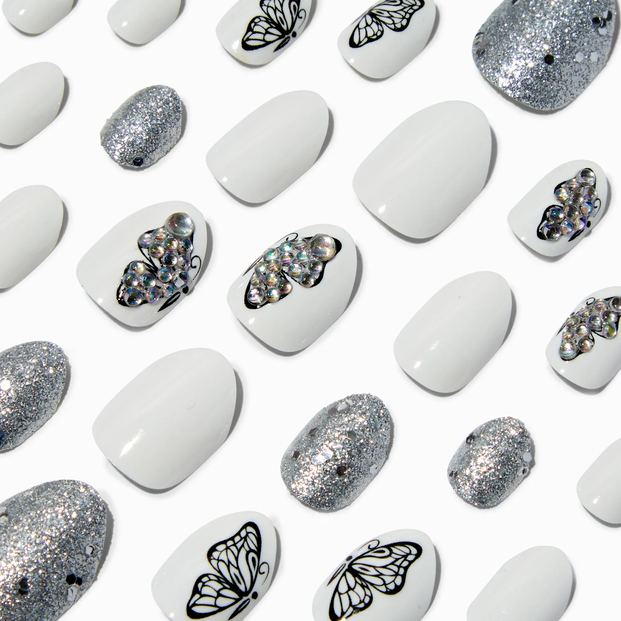 Claire's Ongles-Faux ongles vegan autocollants stiletto bling-bling papillon - Lot de 24