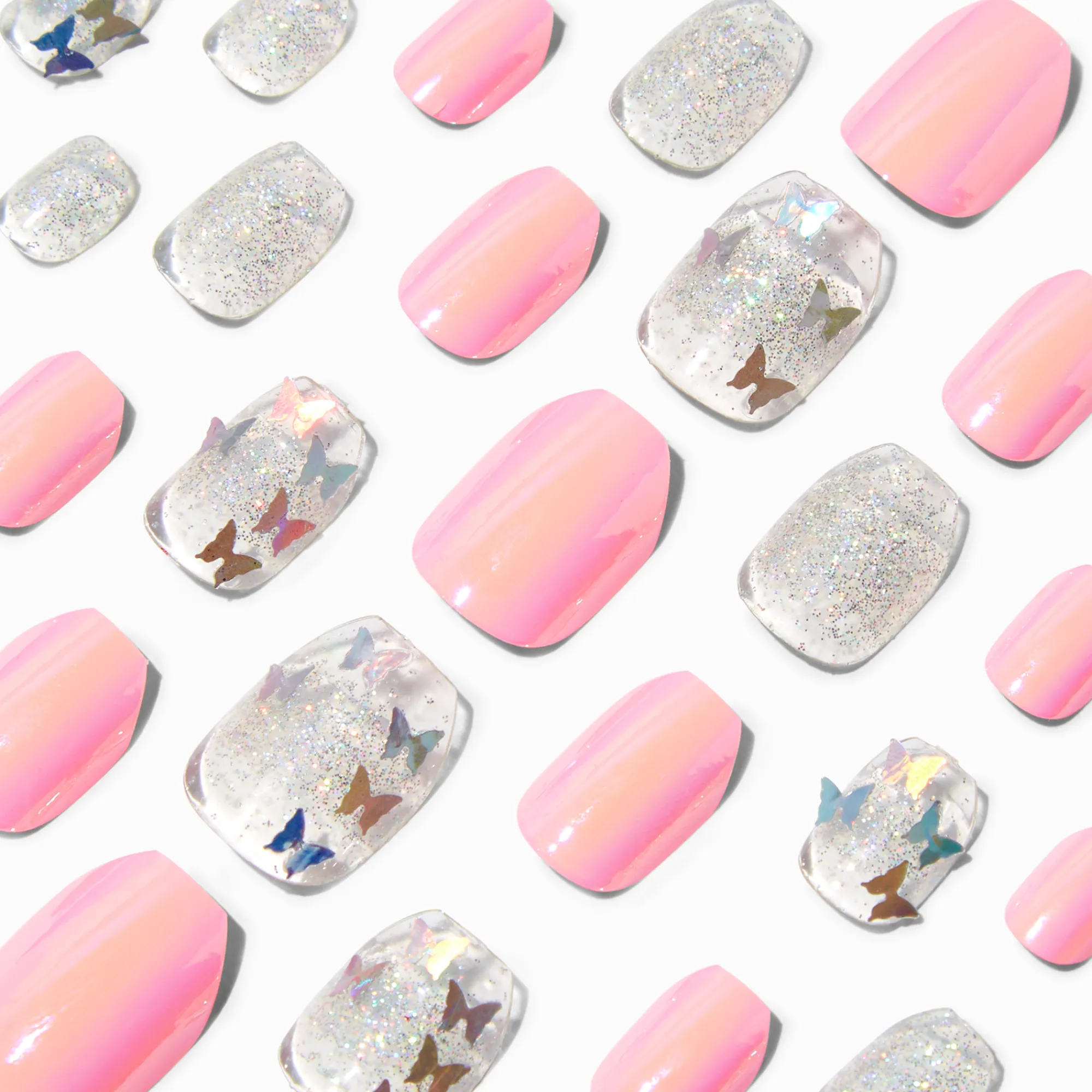 Claire's Ongles-Faux ongles vegan autocollants ballerine papillon couleur chromée rose - Lot de 24