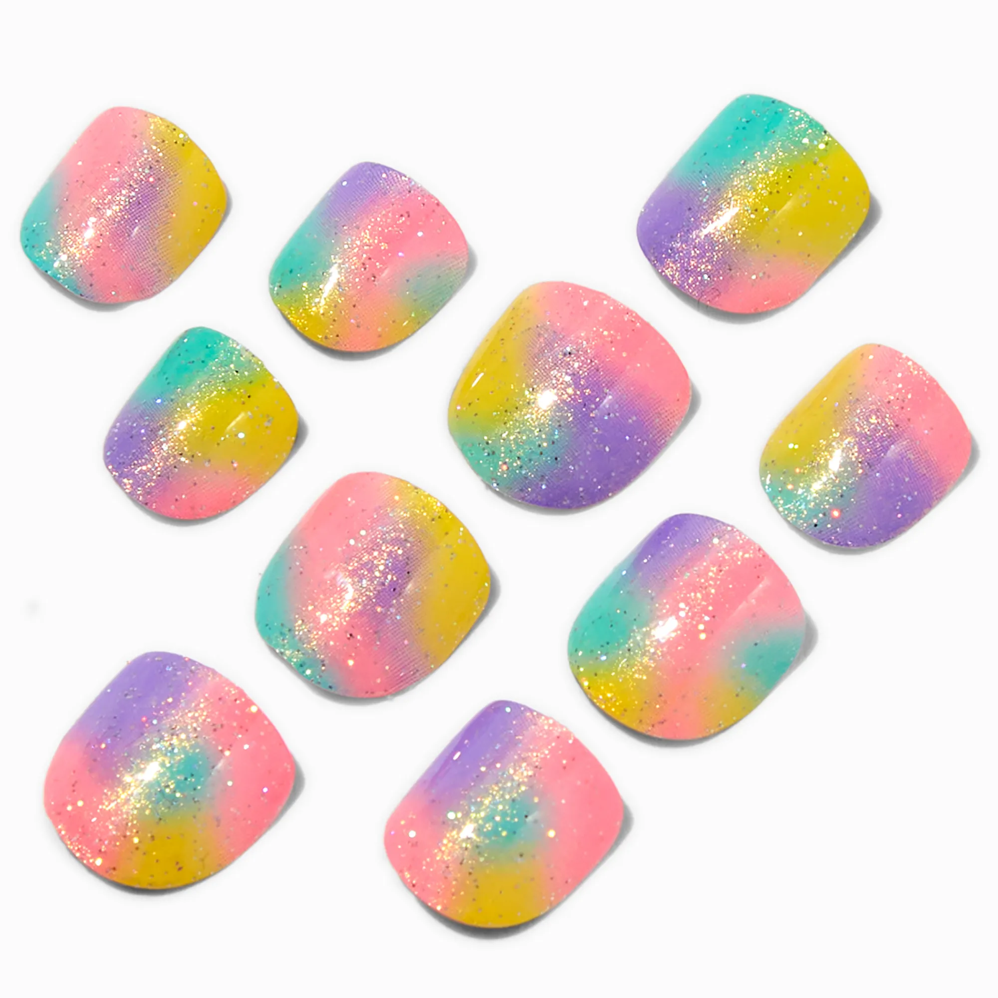 Claire's Ongles-Faux ongles vegan autocollants carrés arc-en-ciel pailletés Claire's Club - Lot de 10