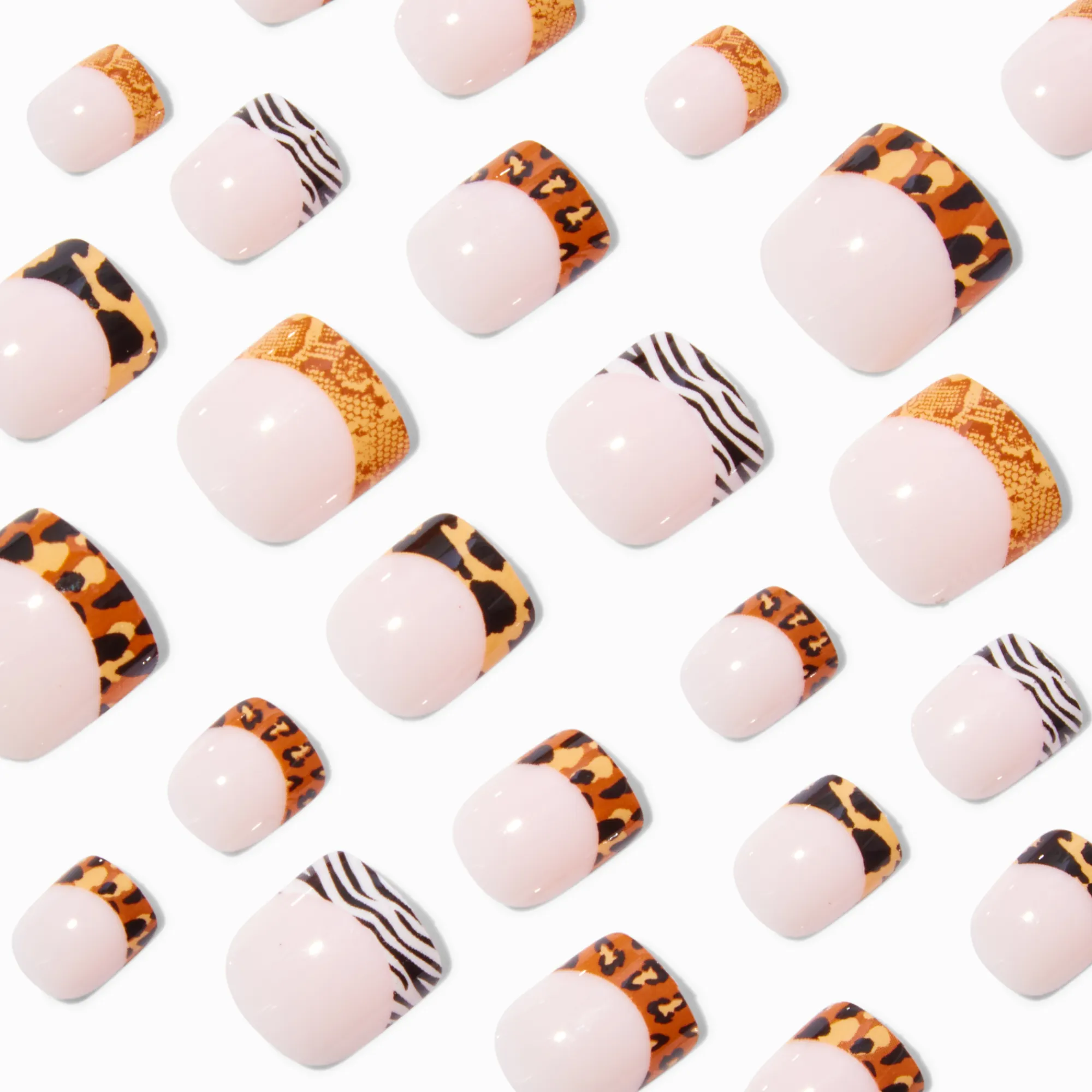 Claire's Ongles-Faux ongles vegan autocollants carrés style French manucure imprimé animal - Lot de 24