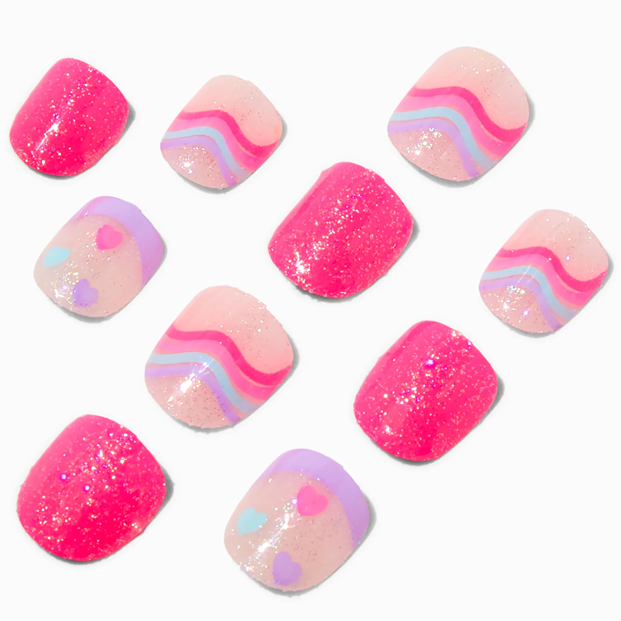 Claire's Ongles-Faux ongles vegan autocollants carrés lignes ondulées roses Claire's Club - Lot de 10