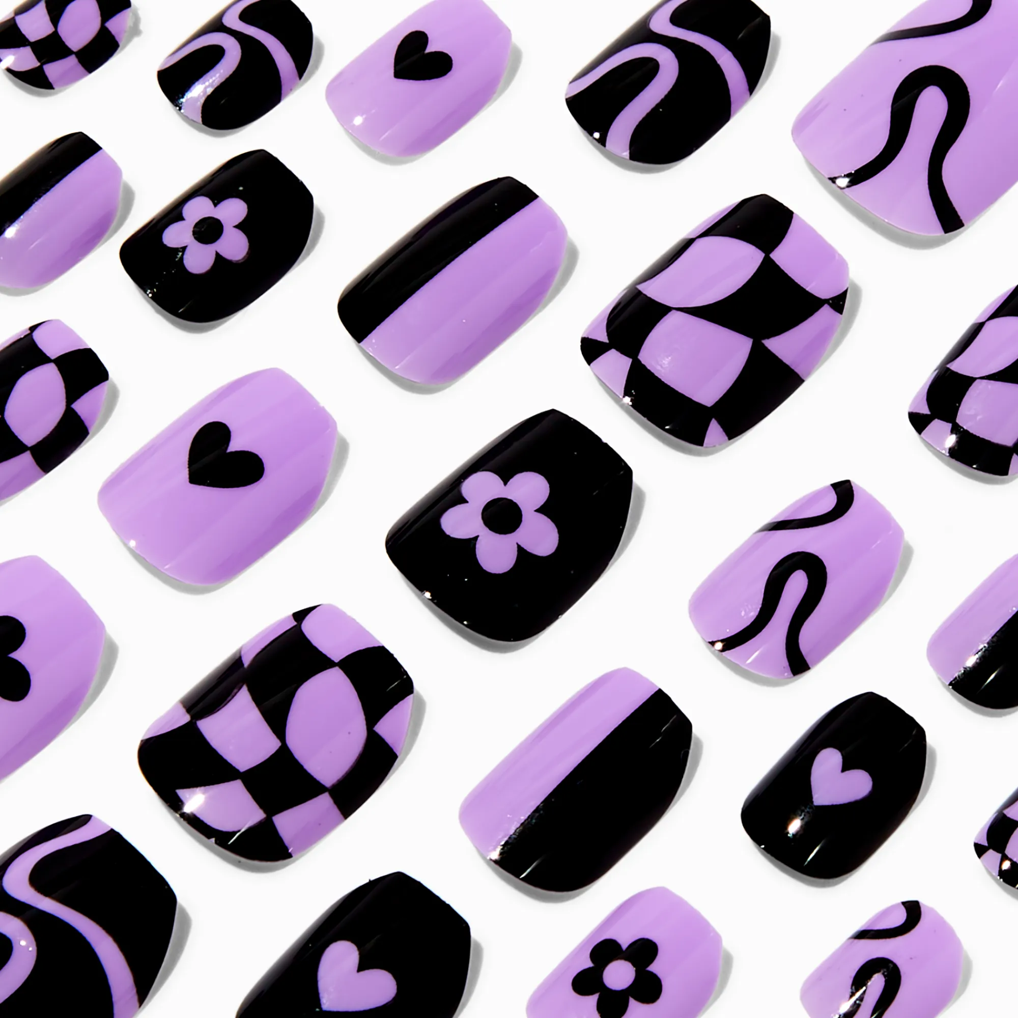 Claire's Ongles-Faux ongles vegan autocollants ballerine à carreaux noirs et violets - Lot de 24