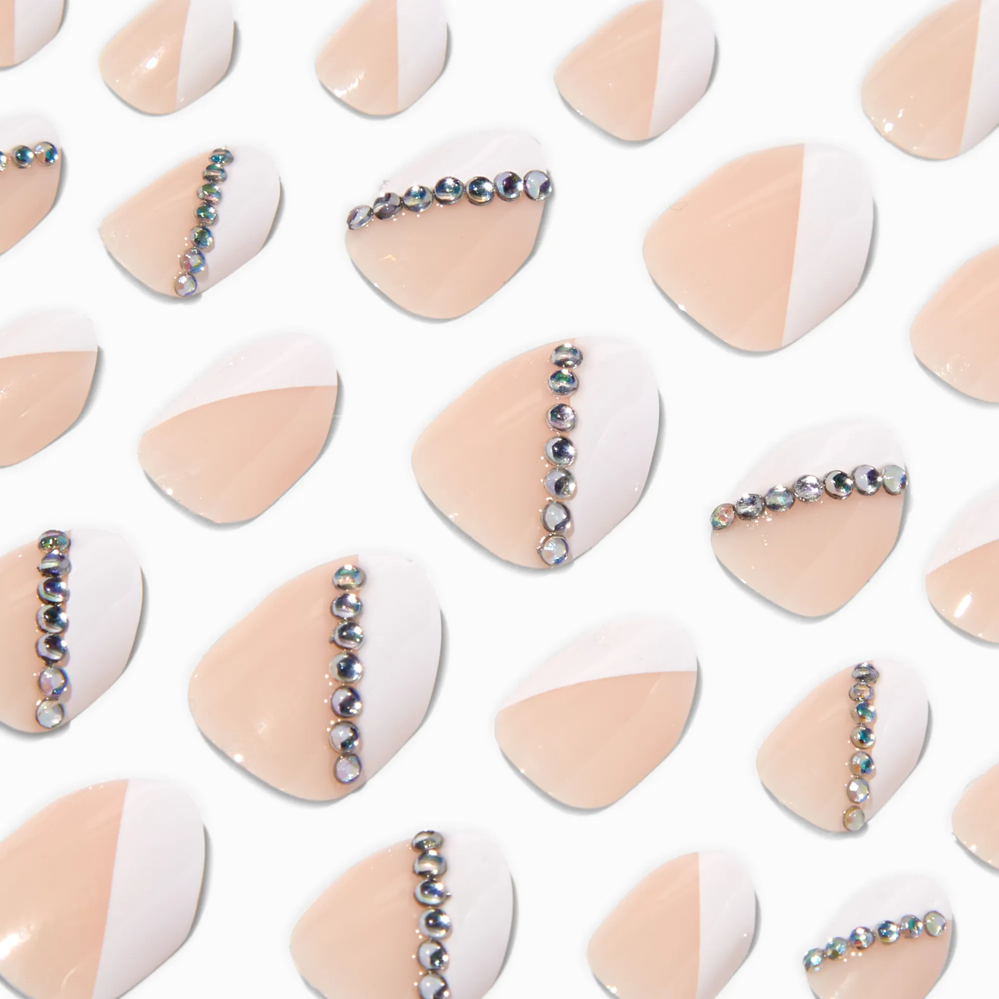 Claire's Ongles-Faux ongles vegan autocollants stiletto French manucure avec strass géométriques - Lot de 24