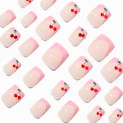 Claire's Ongles-Faux ongles vegan carrés avec strass cerises French manucure roses - Lot de 24