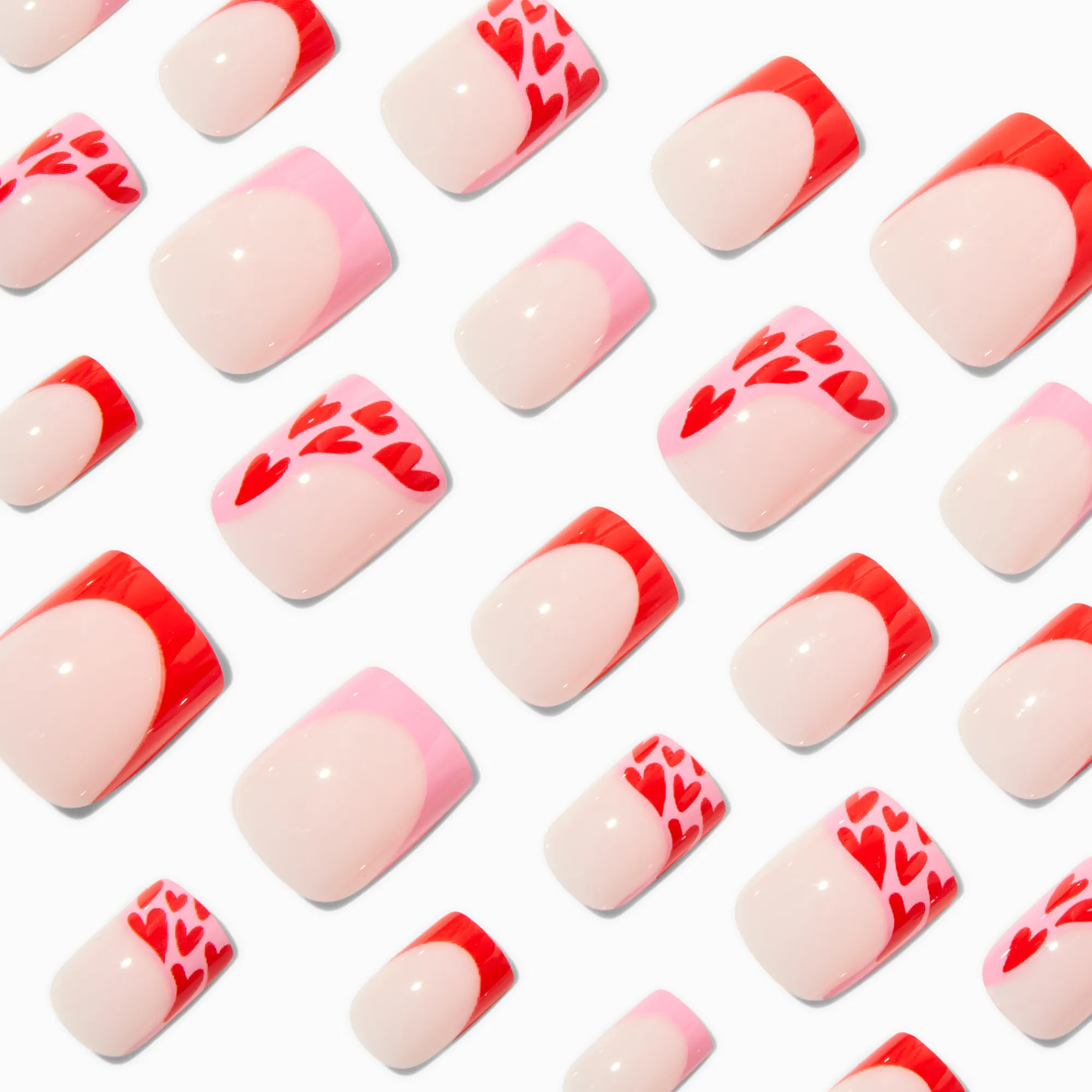 Claire's Ongles-Faux ongles vegan carrés French manucure cœur rouges - Lot de 24