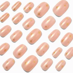 Claire's Ongles-Faux ongles vegan de forme ovale moyens célestes à paillettes couleur dorée - Lot de 24
