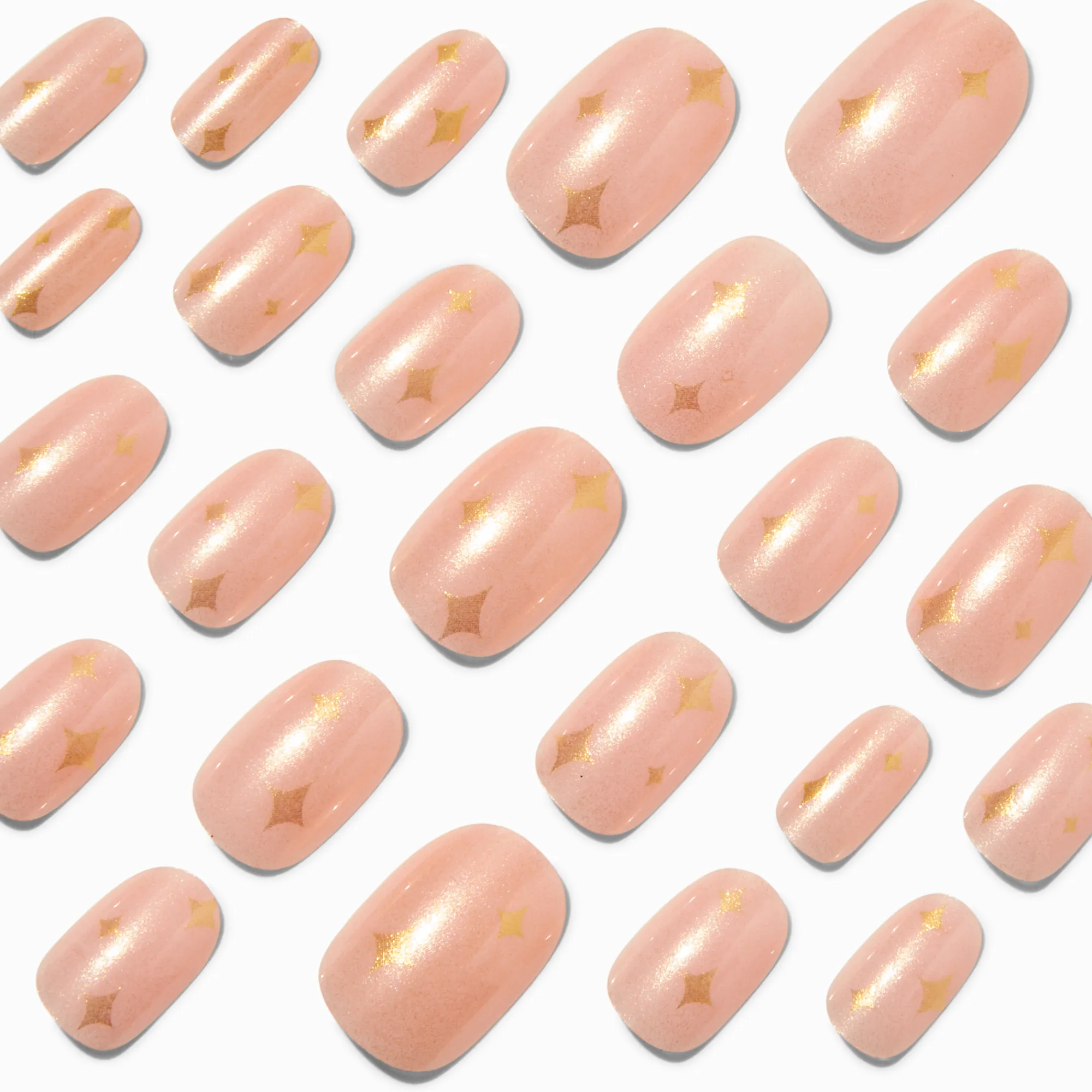 Claire's Ongles-Faux ongles vegan de forme ovale moyens célestes à paillettes couleur dorée - Lot de 24