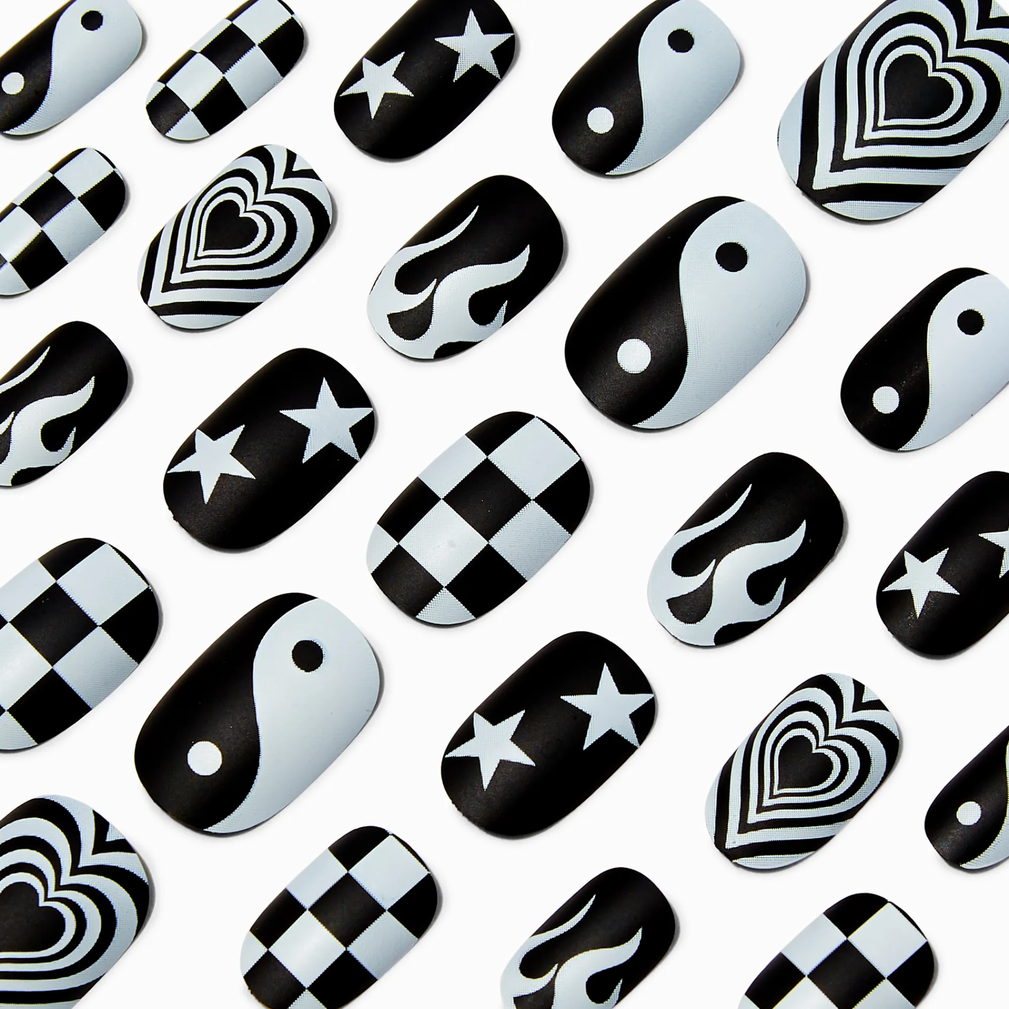 Claire's Ongles-Faux ongles vegan de forme ovale moyenne Y2K noirs et blancs - Lot de 24