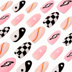 Claire's Ongles-Faux ongles vegan stiletto carreaux, éclair et yin et yang - Lot de 24